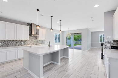 Upscale tile backsplash, high end cabinets, countertops and lighting.