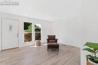 Entry and living room have wood laminate floors