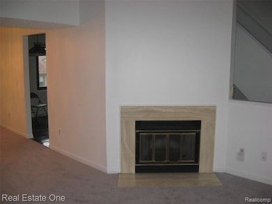 Detailed view of a high end fireplace and carpet flooring
