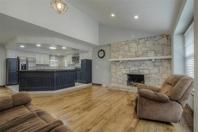 Stone gas fireplace.