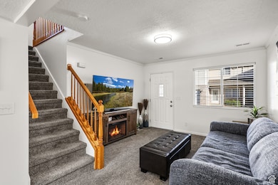 Living room with a textured ceiling, carpet, crown molding, and stairway
