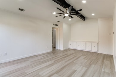 Unfurnished room featuring light wood finished floors, recessed lighting, and ceiling fan