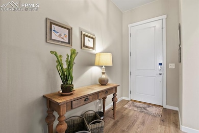 Foyer entrance featuring wood finished floors and baseboards