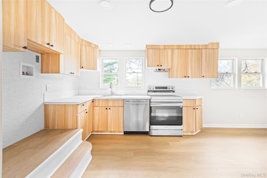 Kitchen with light brown cabinetry, appliances with stainless steel finishes, light wood-style flooring, light countertops, and recessed lighting