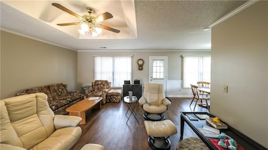 Living area with ornamental molding, a textured ce