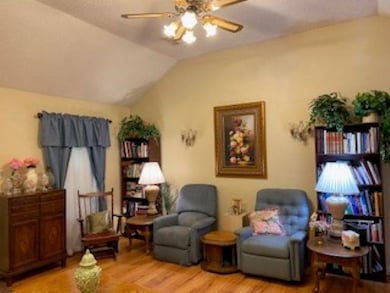 Living area with a ceiling fan, lofted ceiling, an