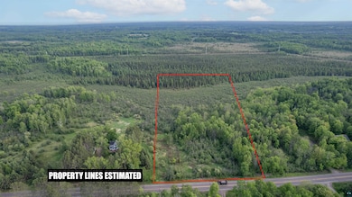 Aerial view of property and surrounding area with a heavily wooded area and property boundaries highlighted