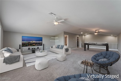 Carpeted living roomvirtually staged with ceiling