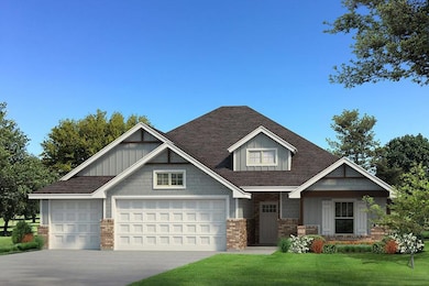 Craftsman house with board and batten siding, a front yard, driveway, brick siding, and a garage