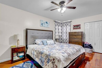 Bedroom featuring light wood finished floors, ceiling fan, and a closet