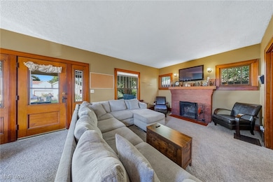 Carpeted living area with a fireplace and a textured ceiling