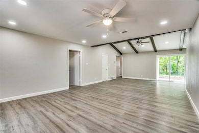 Unfurnished living room with light wood finished floors, recessed lighting, and ceiling fan