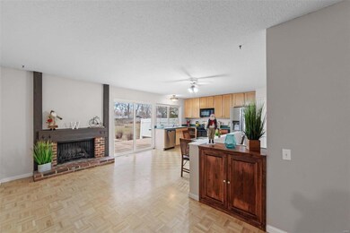 View of Hearth Area and kitchen with clear view on