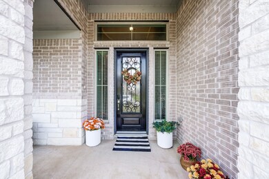 This welcoming entrance features a stylish black door with ornate ironwork and sidelights, surrounded by light brick. Accented with seasonal flowers and a striped doormat, it offers a charming first impression.
