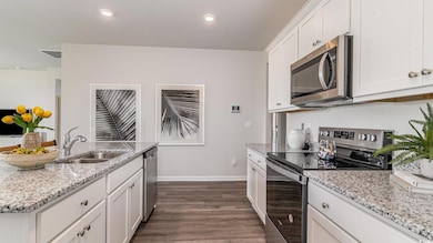 Kitchen featuring stainless steel appliances, a sink, dark wood-style floors, white cabinets, and recessed lighting