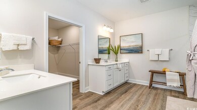 Bathroom featuring dual vanity and wood-type floor