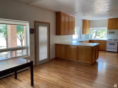 Kitchen featuring white appliances, light wood-type flooring, light countertops, and a peninsula