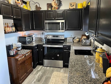 Kitchen featuring dark cabinetry, appliances with stainless steel finishes, dark stone counters, and light wood-type flooring