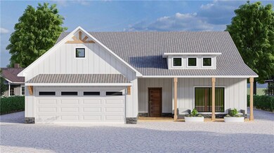 Modern farmhouse with a garage, covered porch, driveway, and board and batten siding