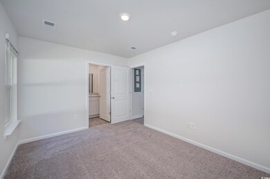 Unfurnished room featuring light carpet