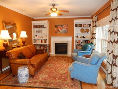 Family Room w/Gas Fireplace, Built-Ins, ceiling fa
