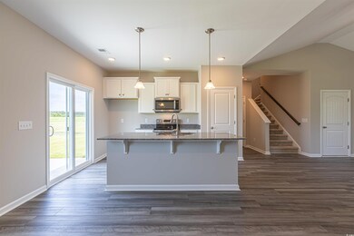 Kitchen with dark stone counters, dark wood-type f