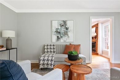 Living area with ornamental molding, light wood fi