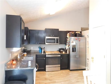 Kitchen with lofted ceiling, stainless steel appli