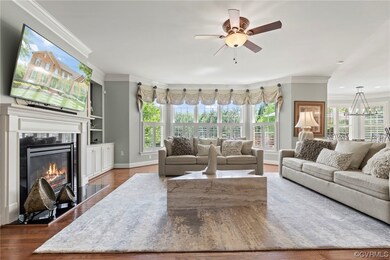 Large family room with built-ins and gas fireplace