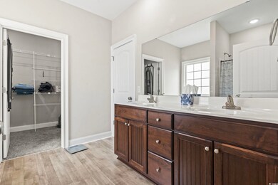Bathroom with double vanity, baseboards, a walk in