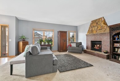 Cozy brick & stone fireplace