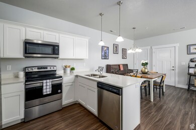 Kitchen with stainless steel appliances, white cabinetry, a peninsula, and dark wood-type flooring