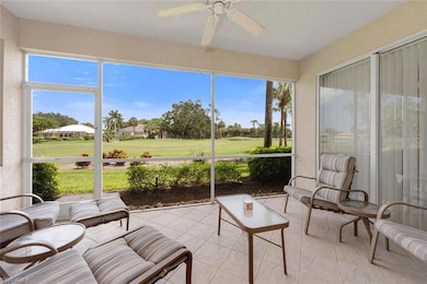 Screened Lanai with view of golf course and a ceiling fan