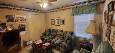 Carpeted living area with baseboards, a ceiling fa