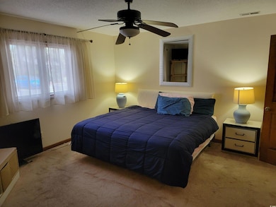 Carpeted bedroom with a textured ceiling, a ceiling fan, and radiator heating unit