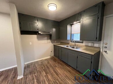 Kitchen with a sink, gray cabinets, dark wood fini