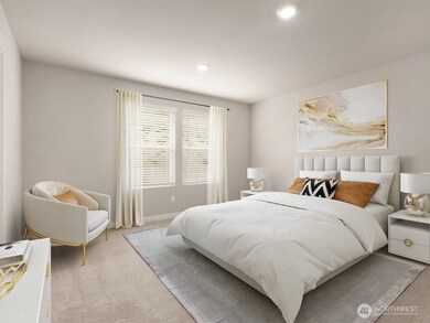 Large primary bedroom 1 can accommodate a King size mattress, large nightstands, and more! Actual home is under construction. Colors, materials, and features may vary. See site agent for details.