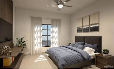 Bedroom featuring carpet flooring and ceiling fan