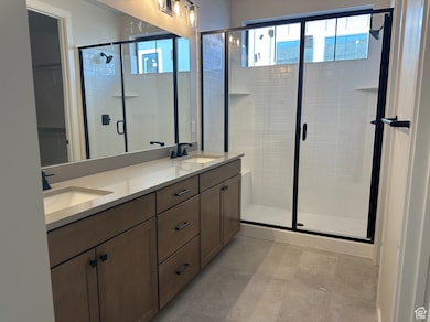 Bathroom with double vanity, a stall shower, a walk in closet, and healthy amount of natural light