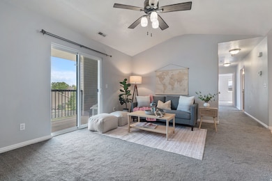 Living Room with valeted ceilings, access to the balcony through sliding glass doors and carpet.