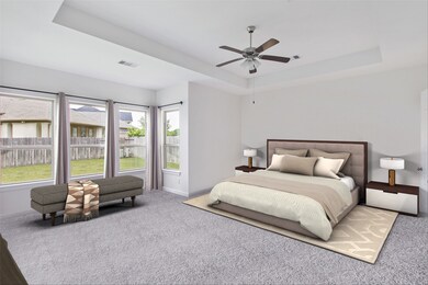 Come and unwind after a long day in this magnificent master suite! This spacious room features plush carpet, custom paint, room for sitting area, high ceilings, dark stained ceiling fan with lighting, and large windows with privacy blinds.