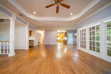 Unfurnished living room with a ceiling fan, a raised ceiling, light wood-style flooring, crown molding, and decorative columns