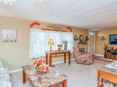 The spacious living room features new carpet and f