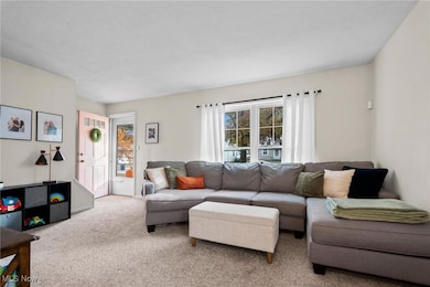 Living room with carpet flooring and a textured ceiling