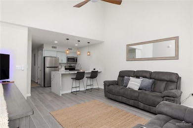 Living room with baseboards, a ceiling fan, and wood tiled floor