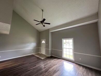 Unfurnished room featuring wood finished floors, a textured ceiling, a ceiling fan, and high vaulted ceiling