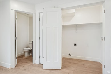 Laundry area featuring light wood finished floors, hookup for an electric dryer, and hookup for a washing machine