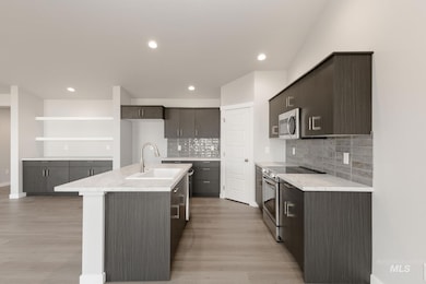 Kitchen with appliances with stainless steel finishes, an island with sink, tasteful backsplash, light wood finished floors, and recessed lighting