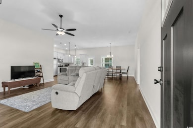 Living room featuring dark wood-style floors, a chandelier, and ceiling fan
