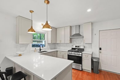 Renovated kitchen perfect for the chef in you! Drop-in sink and new faucet, new gas stove range and vent hood, beautiful quartz counters and backsplash, a fabulous bar area for easy dining or just hanging in the kitchen. Plus the lovely upscale   cab
